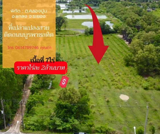 ขายที่ดินเปล่าแปลงสวย ติดถนนลาดยาง เส้นถนนบูรพาชลทิศ แหล่งท่องเที่ยว อำเภอแกลง ระยอง