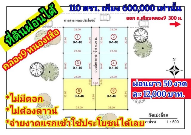 ด่วนๆ ที่ดินผ่อนได้ คลอง 9 หนองเสือ *ไม่มีดอก *ไม่ต้องดาวน์ ผ่อนยาว 50 งวด 110 ตรว. 600,000 บาท