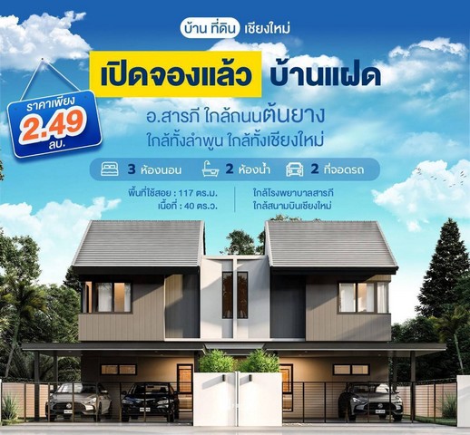 ขายบ้านแฝดใหม่ 3นอน3น้ำ 40ตรว. 2.49ลบ. ของแถม ใกล้ ถ.ต้นยาง ต.สารภี อ.สารภี เชียงใหม่