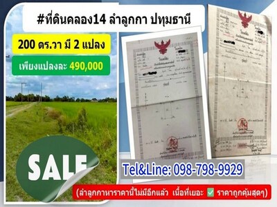 ที่ดินคลอง14ลำลูกกา ปทุมธานี  200 ตร.ว 490,000 ขายถูก