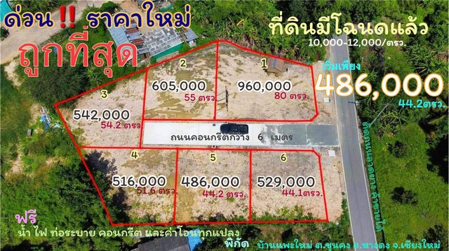 ขายที่ดินแบ่งเริ่ม 44ว.486,000บ. ฟรีโอน สาธารณูปโภคครบ ใกล้จังเกิ้ล คาเฟ่ บ้านถวาย ต.ขุนคง อ.หางดง เชียงใหม่