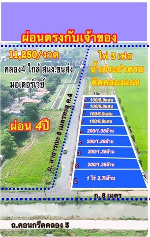 ขายที่ดินเงินผ่อน คลองสี่ คลองหลวง ผ่อนนาน 48 เดือน ไฟฟ้า 3 เฟส น้ำประปาพร้อม
