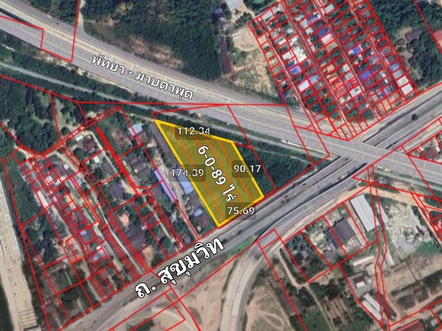 ขายที่ดินผังสีแดง 6-0-89 ไร่ ติดถนนสุขุมวิท อ.บ้านฉาง จ.ระยอง