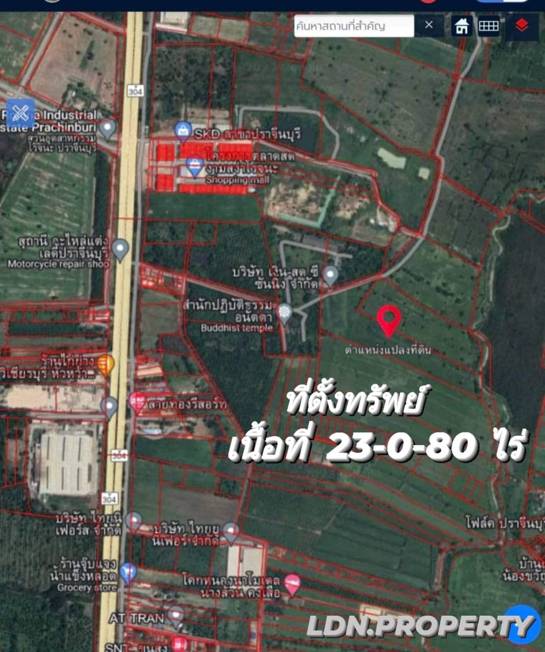 ขายที่ดินเปล่า 23-0-80 ไร่ ห่างถนน(ทล.304) 600 เมตร ต.หนองโพรง อ.ศรีมหาโพธิ์ 