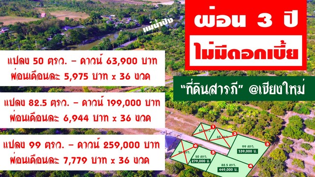ขายที่ดินเริ่ม82.5ว.449,000บ. ฟรีโอน ผ่อนได้ ใกล้น้ำปิง ถ.คอนกรีต ถม น้ำ ไฟ ต.สันทราย อ.สารภี เชียงใหม่