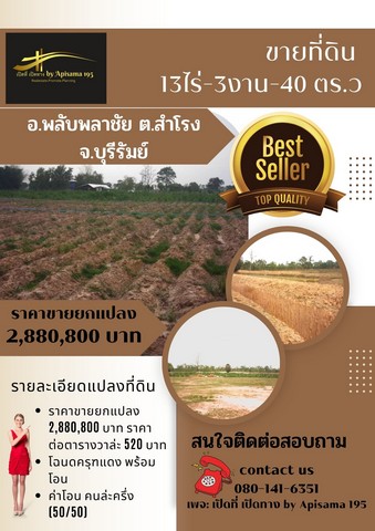 ขายที่ดินถมแล้ว 13 ไร่-3งาน -40 ตร.ว (อ.พลับพลาชัย ต.สำโรง จ.บุรีรัมย์)