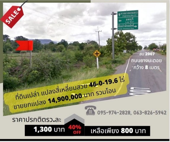 ขายที่ดินเปล่า 46 ไร่+   หน้าแปลงติดถนนดำ  ทำเล ใกล้วิทยาลัยการเกษตร พัฒนานิคม ลพบุรี 