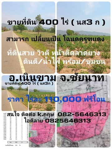 ขายที่ดิน 400 ไร่  นส3ก  พร้อมเปลี่ยนเป็นโฉนดครุฑเเดง อำเภอเนินขาม จังหวัดชัยนาท