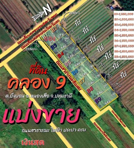 ที่ดินแบ่งขายคลองเก้า คลอง9หนองเสือตะวันตก ติดถนนเลียบคลองแอน ทะลุคลอง8ได้ 